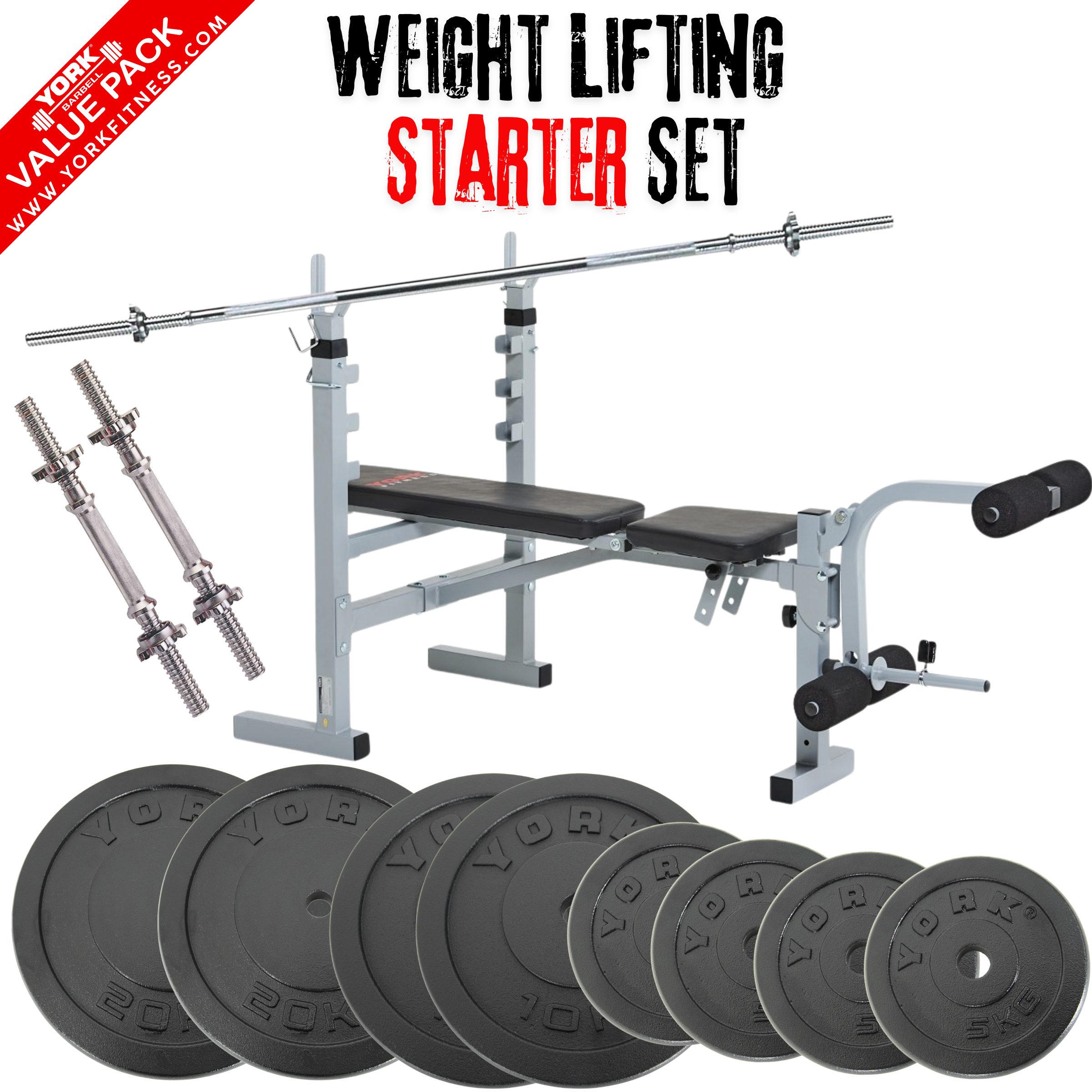 Barbell Weight Lifting Starter Set - Bench, Bars & 80kg Weights