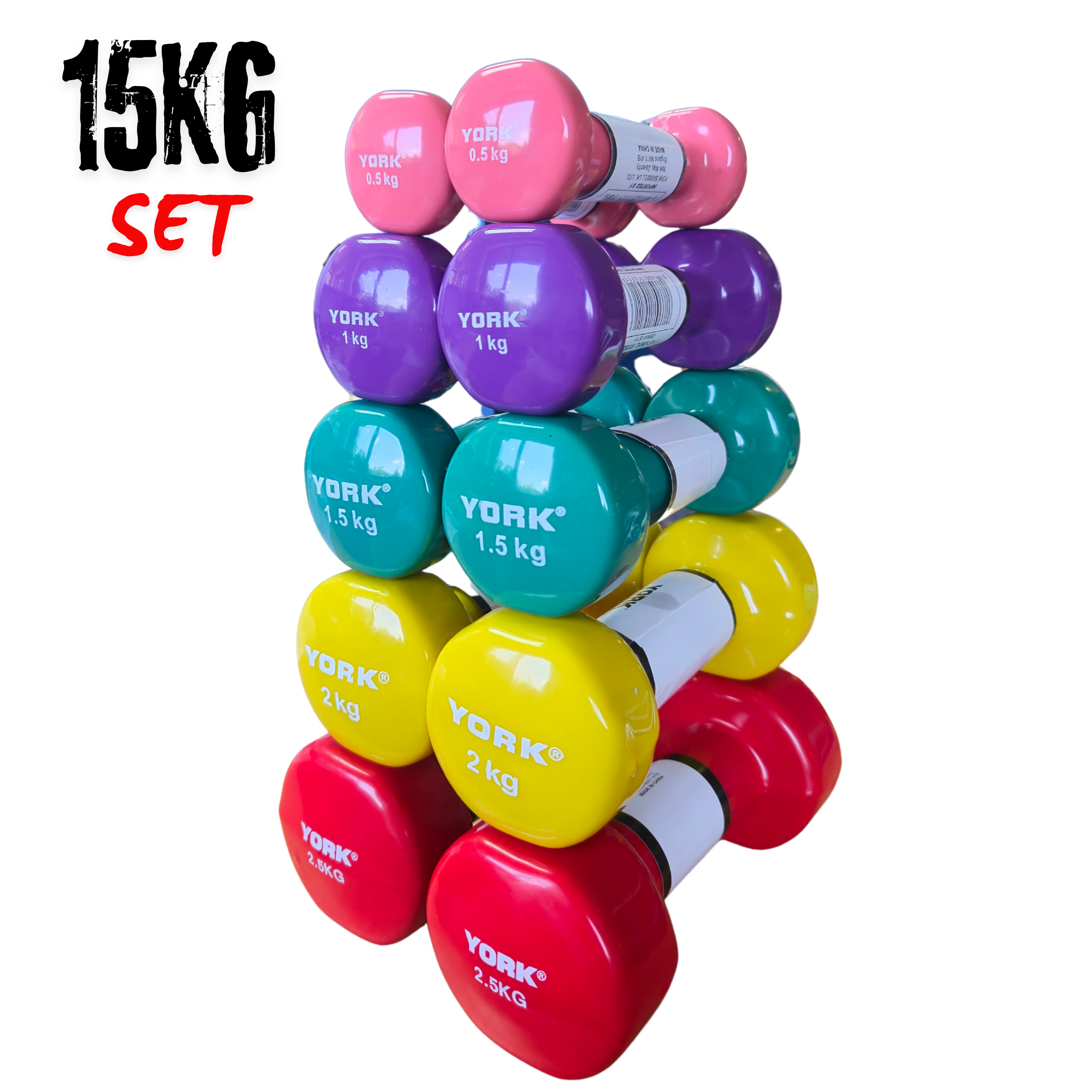 Premium FitnessTech Vinyl Dipped Dumbbells 15kg Set Bundle