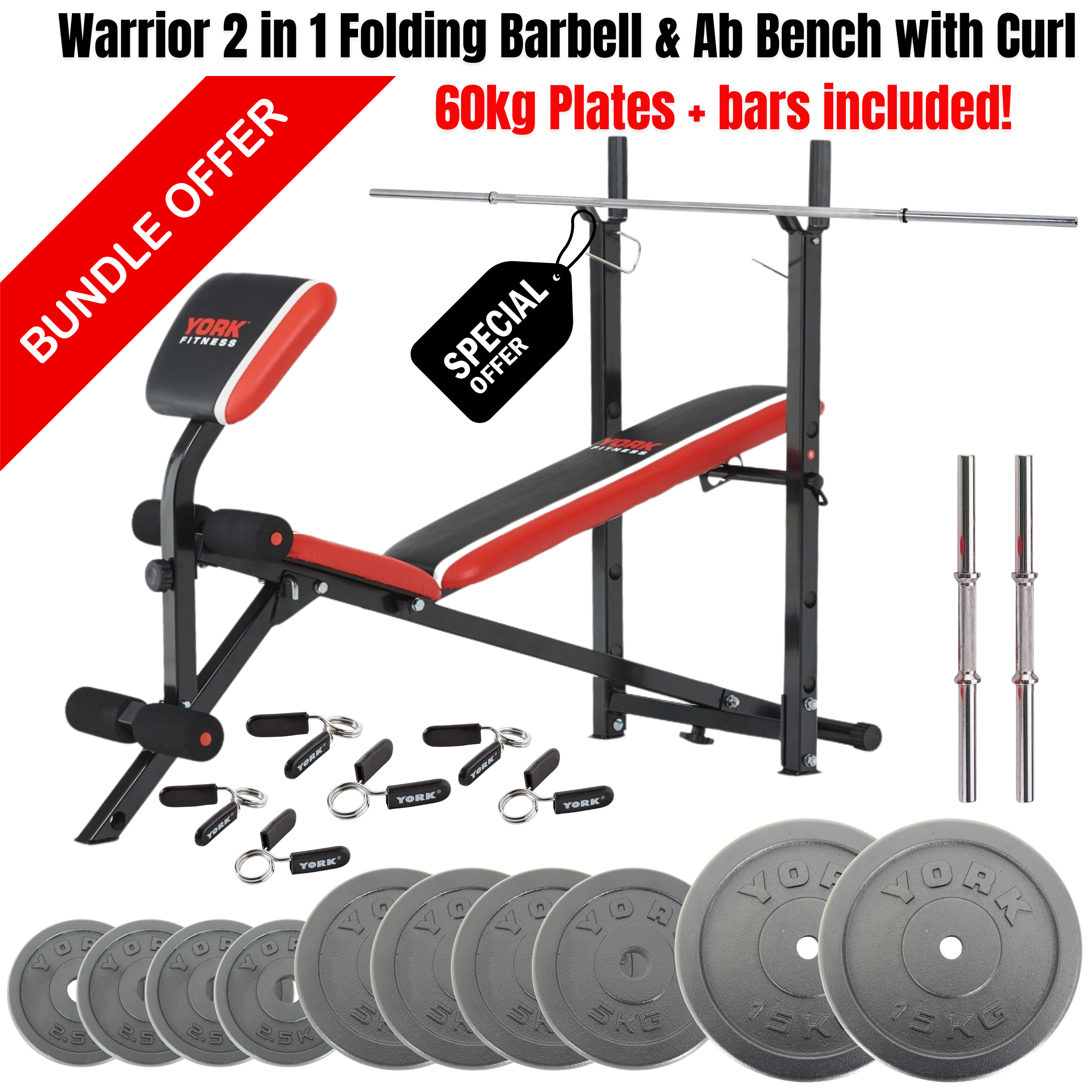 Fitness Warrior 2 in 1 Folding Bench Bundle - Plates -bars included!
