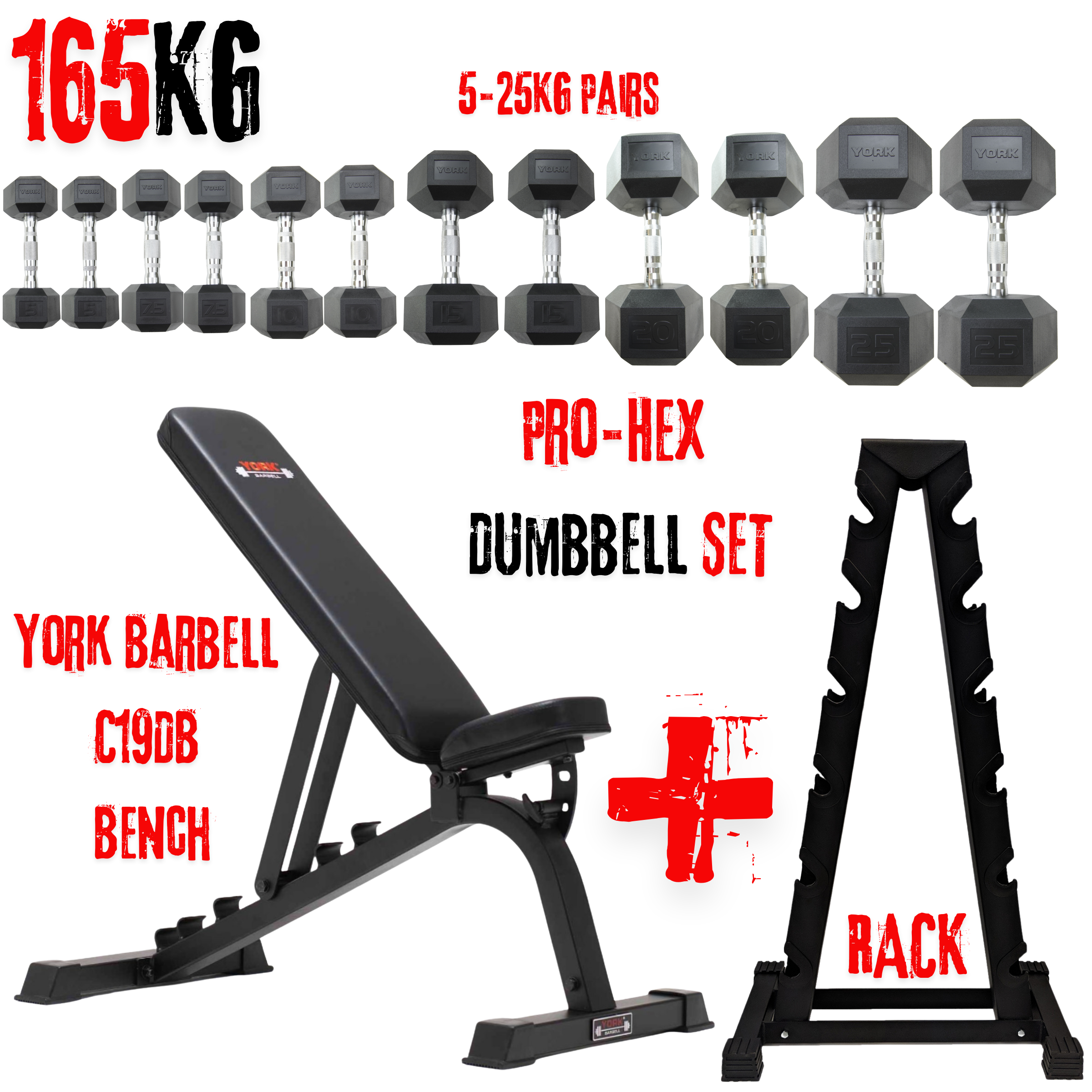 Barbell 165KG Hex Dumbbell Rack & C19DB Flat to Incline Dumbbell Bench Bundle