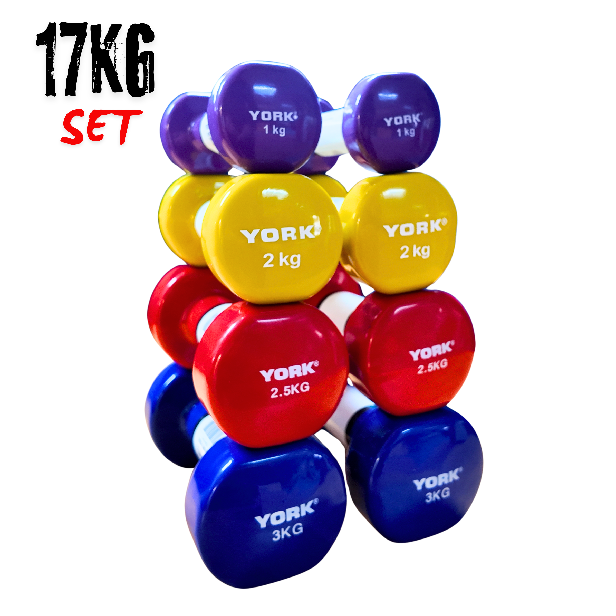 Premium FitnessTech Vinyl Dipped Dumbbells 17kg Set Bundle