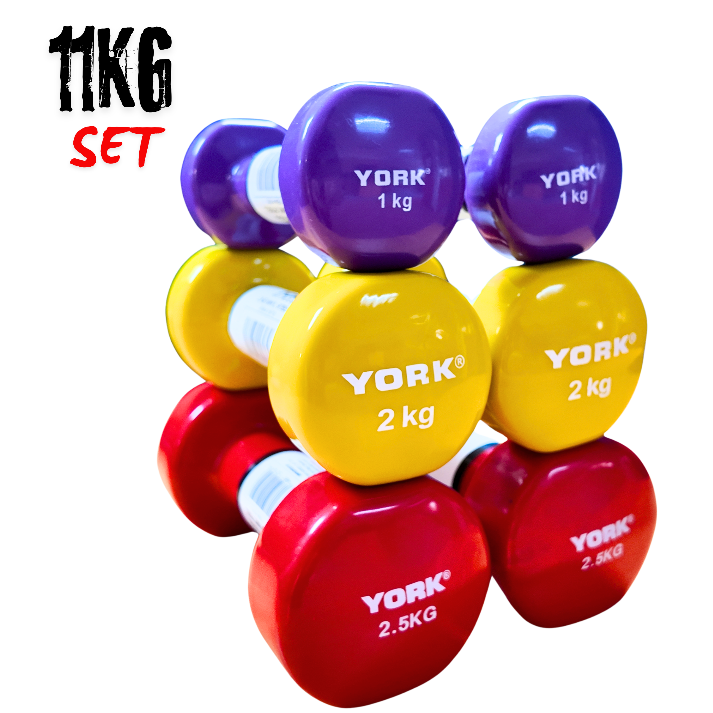 Premium FitnessTech Vinyl Dipped Dumbbells 11kg Set Bundle