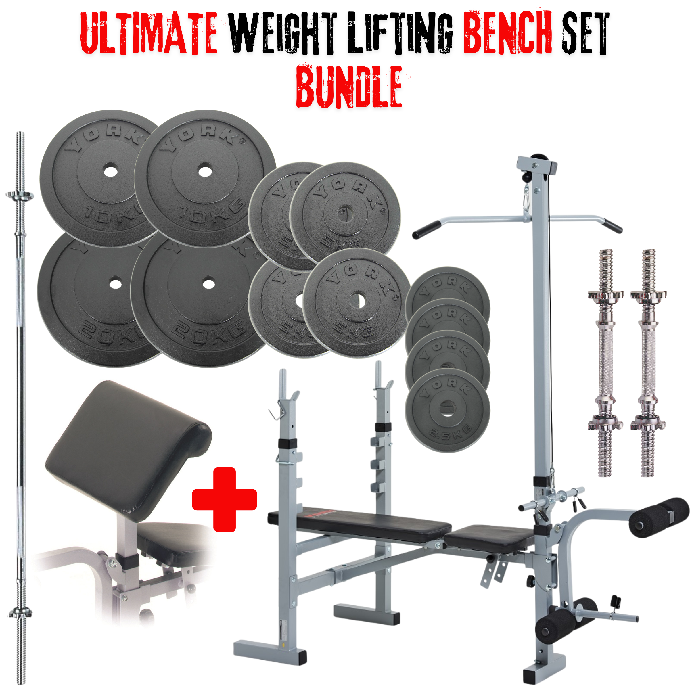 Barbell ULTIMATE Weight Lifting Bench Set - Bench + LAT/CURL Attachment , Bars & 90kg Weights