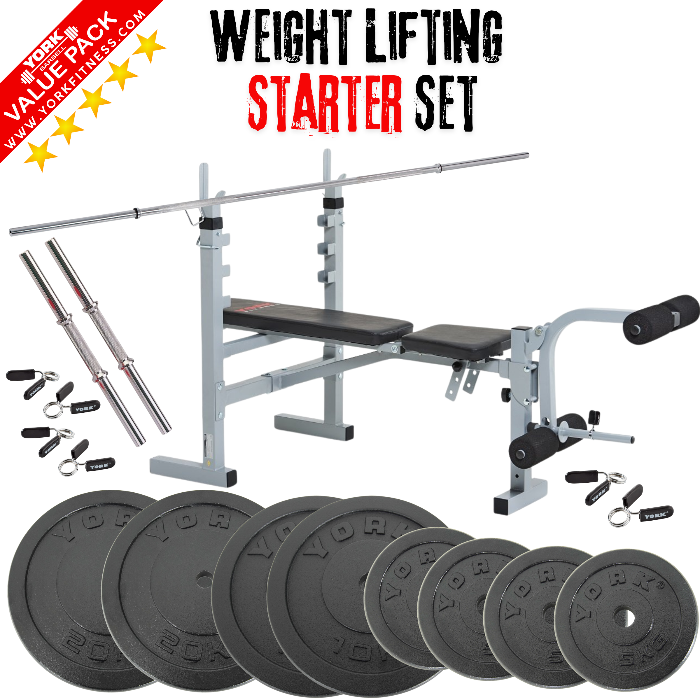 Barbell Weight Lifting Starter Set - Bench, Solid Steel Bars & 80kg Weights