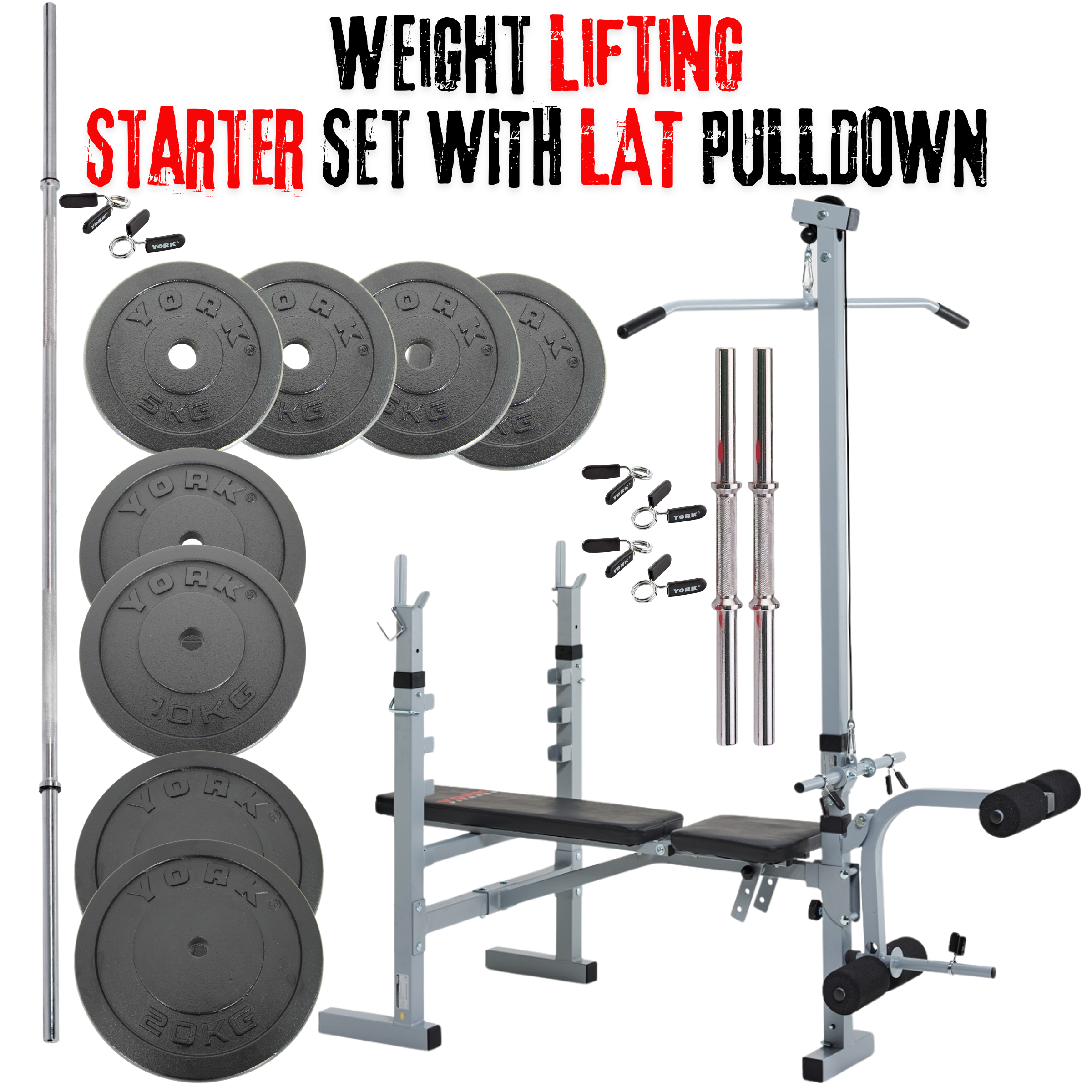 Barbell Weight Lifting Starter Set - Bench + LAT Attachment ,Solid steel  Bars & 80kg Weights