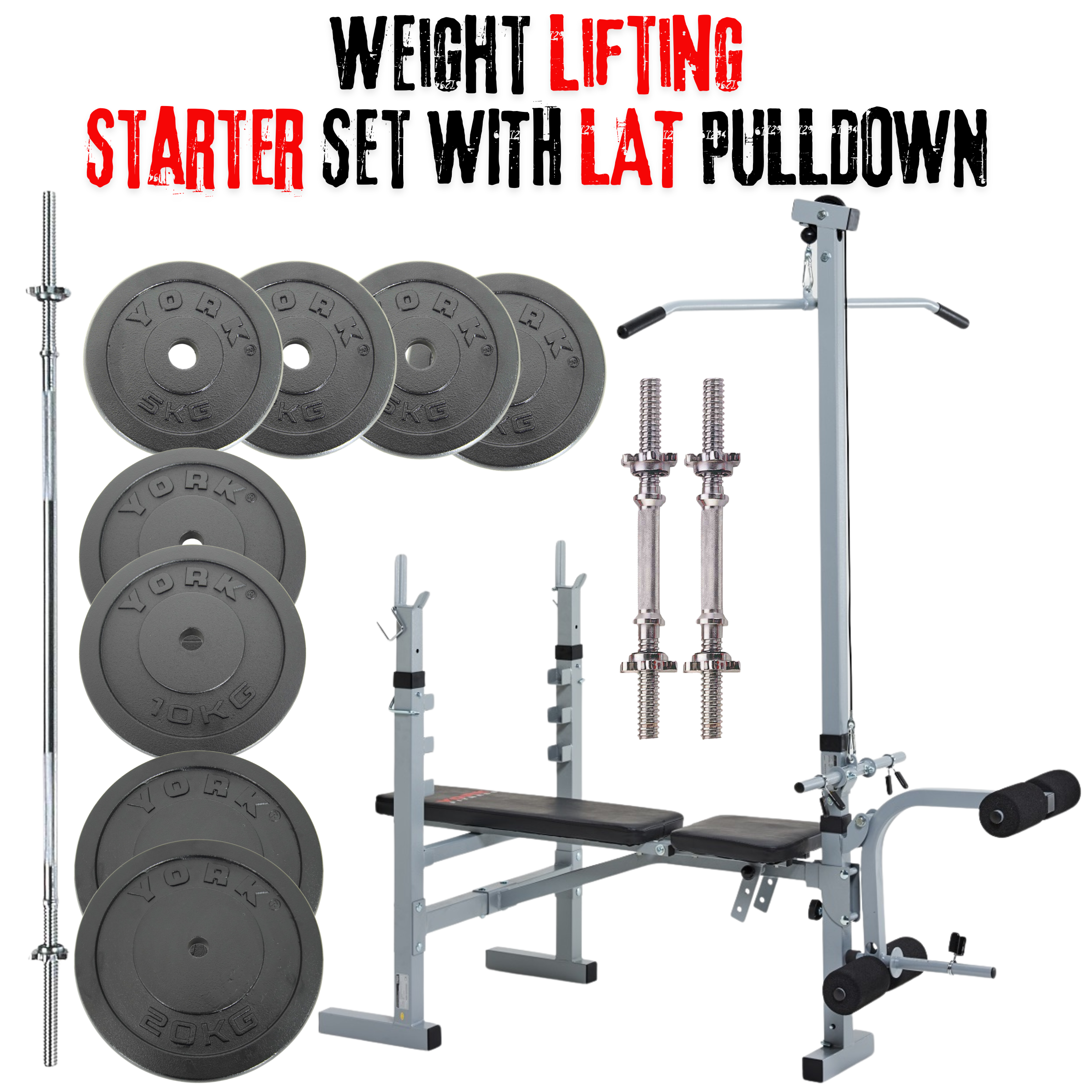Barbell Weight Lifting Starter Set - Bench + LAT Attachment , Bars & 80kg Weights