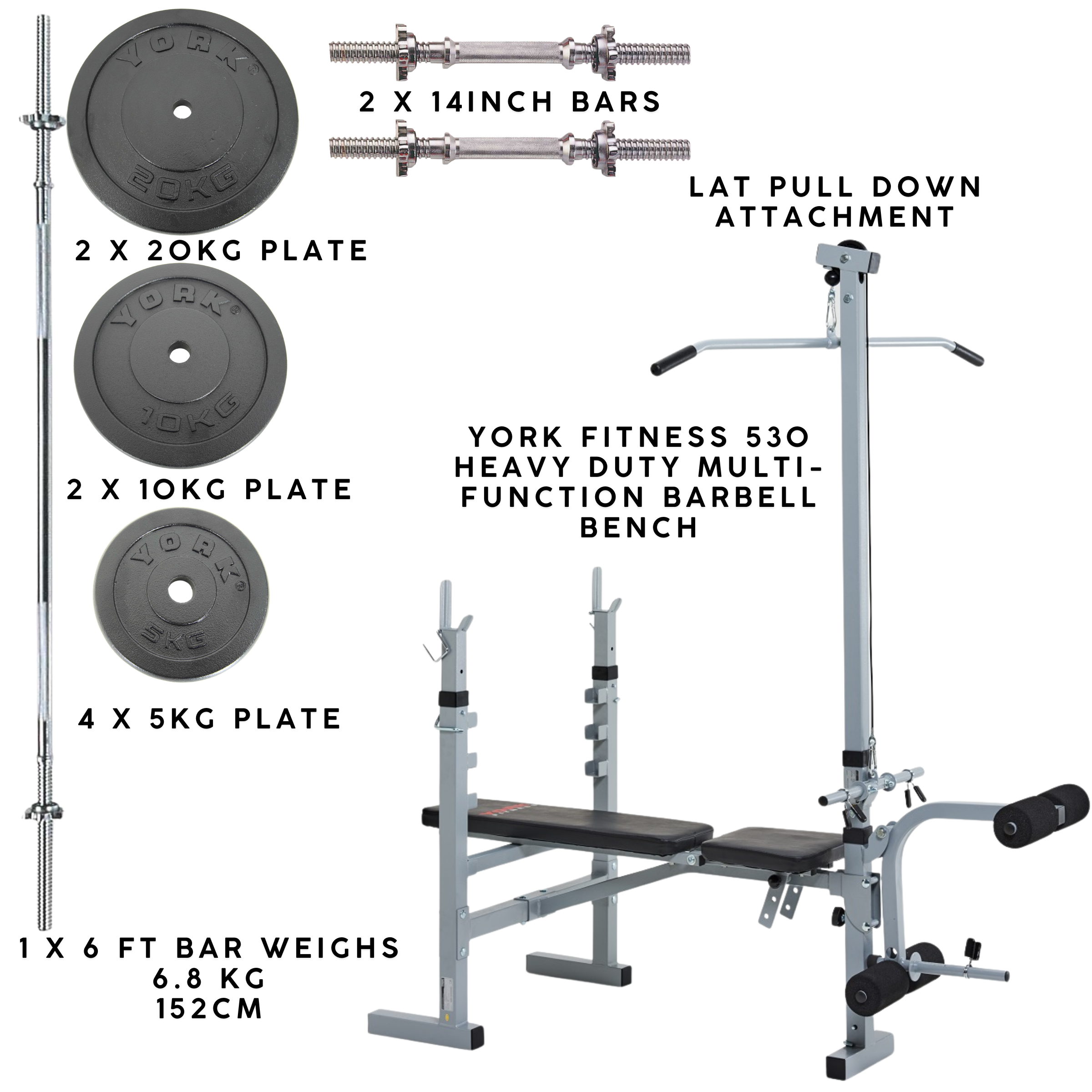 Barbell Weight Lifting Starter Set - Bench + LAT Attachment , Bars & 80kg Weights - Image 2